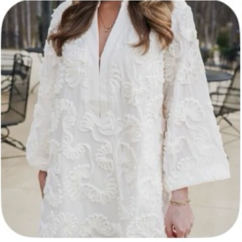 English Factory White Long-Sleeve Embroidered V-Neck Dress